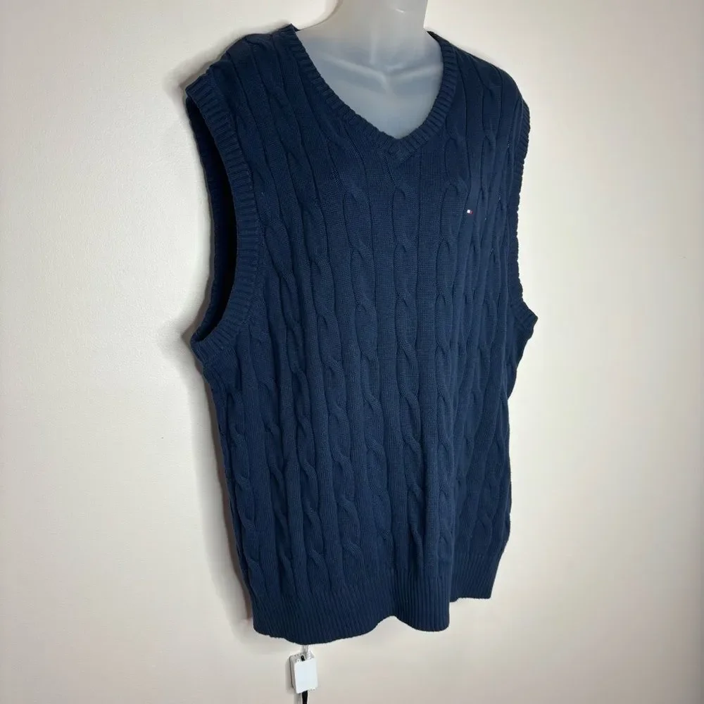 Tommy Hilfiger Knit sweater vest 100% Cotton v neck navy blue size XL preppy